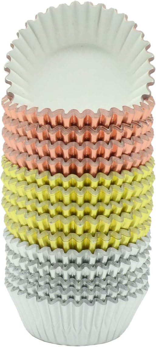 Mini Metallic Foil Paper Cupcake Liners in Rose Gold, Gold, and Silver - 300-Count Baking Cups
