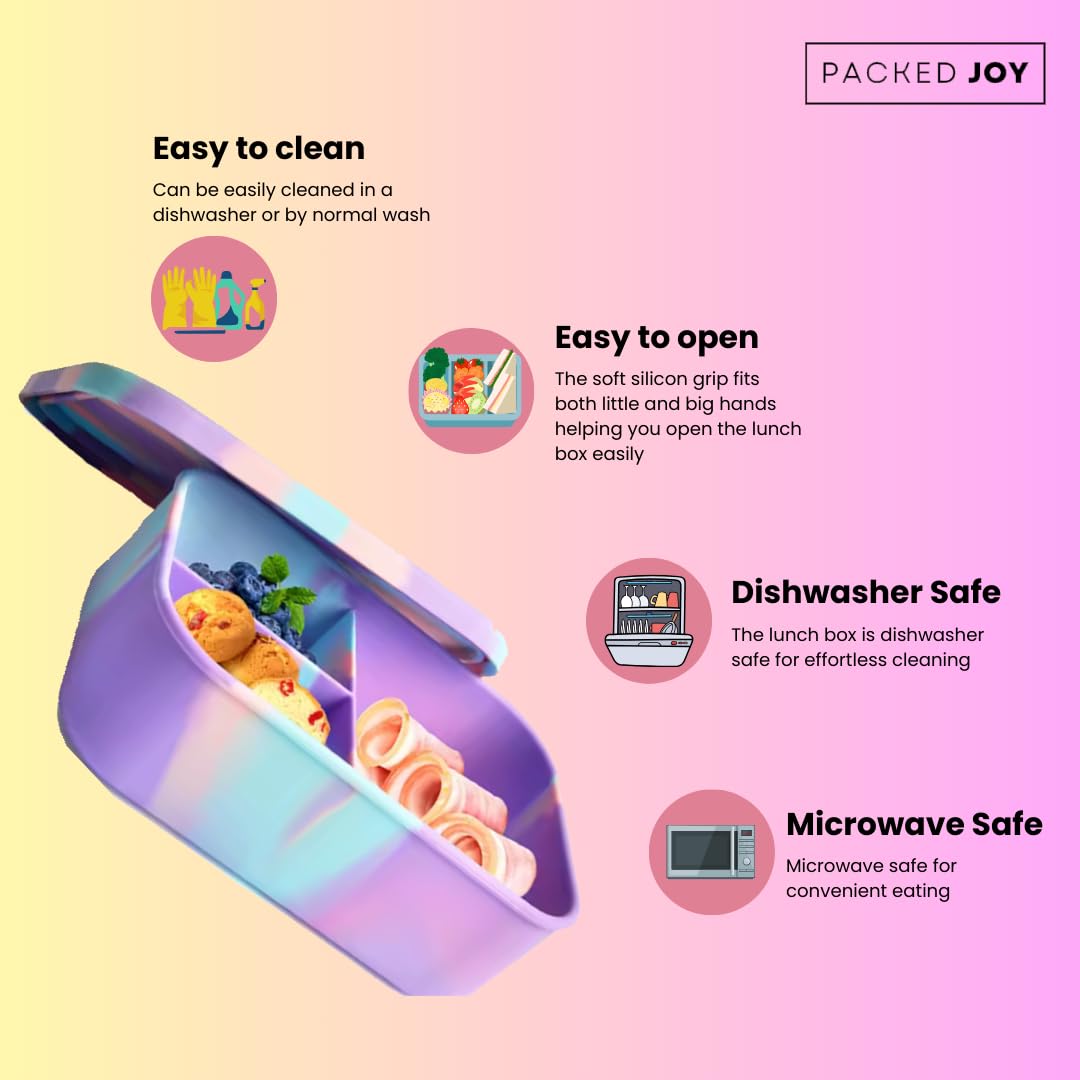 PACKED JOY Silicone Lunch Box for Adults & Kids, 40oz Bento Box | 3 Compartments, Leak-Proof Design, 100% Food-Grade Silicone | Microwavable & Portable For All Occasions (5.7x8.5in) (Purple)