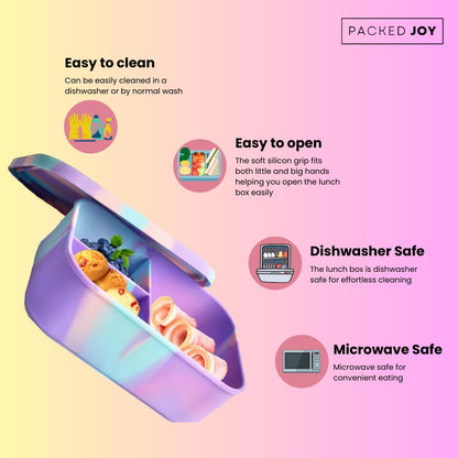 PACKED JOY Silicone Lunch Box for Adults & Kids, 40oz Bento Box | 3 Compartments, Leak-Proof Design, 100% Food-Grade Silicone | Microwavable & Portable For All Occasions (5.7x8.5in) (Purple)