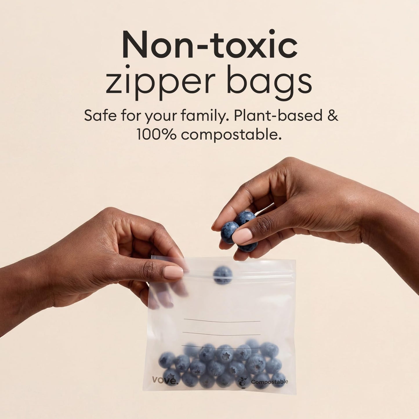 Vove Compostable Snack Bags 50 Ct – PFAS-Free, BPI Certified, Freezer Safe with Airtight Seal for Snacks & School Lunches, Plant-Based