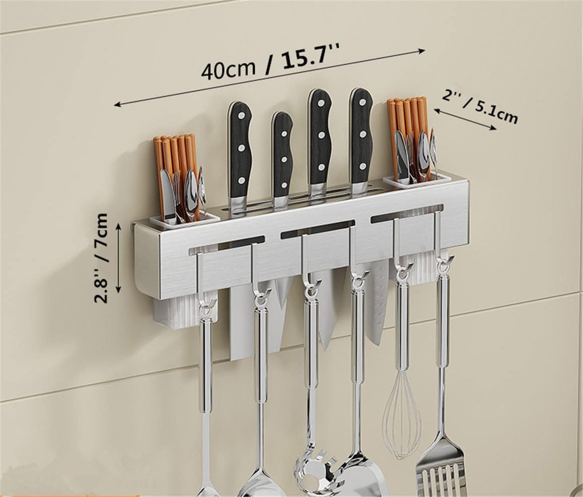 Wall Mount Utensil Holder - 15.7'' Stainless Steel Kitchen Rack with Knife Holder, Towel Bar, and Hooks