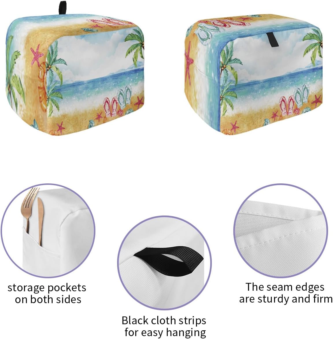 Toaster Dust Cover with Pockets, Watercolor Beach Coconut Tree Design, Soft Washable 4 Slice Dust-proof Cover