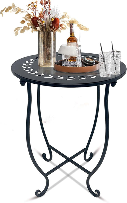 Aonagi 1 Pack 14 Inch Round Side Table, Bedside Table for Living Room, Bedroom, Weather Resistant Black Metal Outdoor