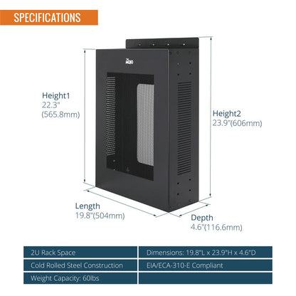Tecmojo 2U Vertical/Horizontal Wall Mountable Server Rack, with Vented Enclosure for 19" IT Equipment, Cable Modems, Telecom, A/V, Black