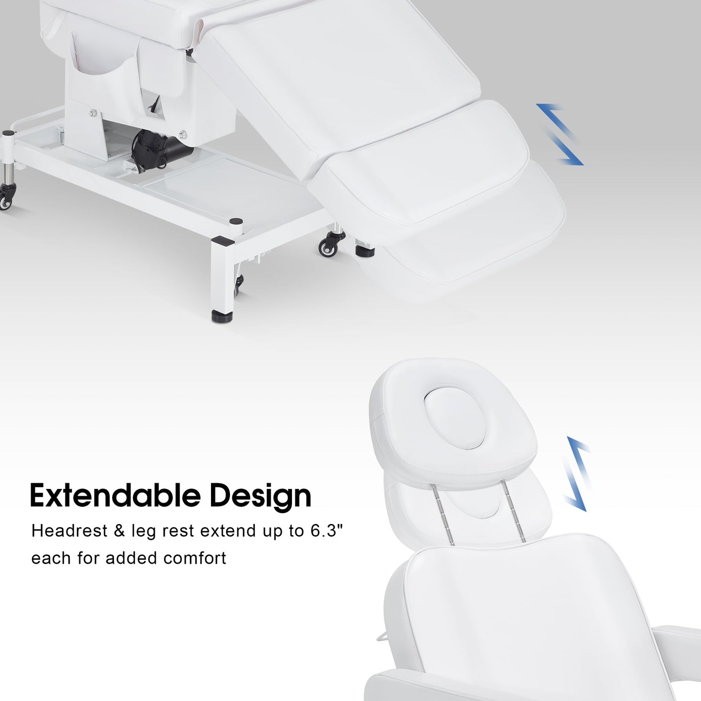 BarberPub Fully Electric Beauty Bed, 3-Motor Salon Spa Chair with Foot-Controlled Wheels, Adjustable Height, Backrest & Leg Rest – PVC Leather, Professional Facial & Treatment Table 2754 (White)