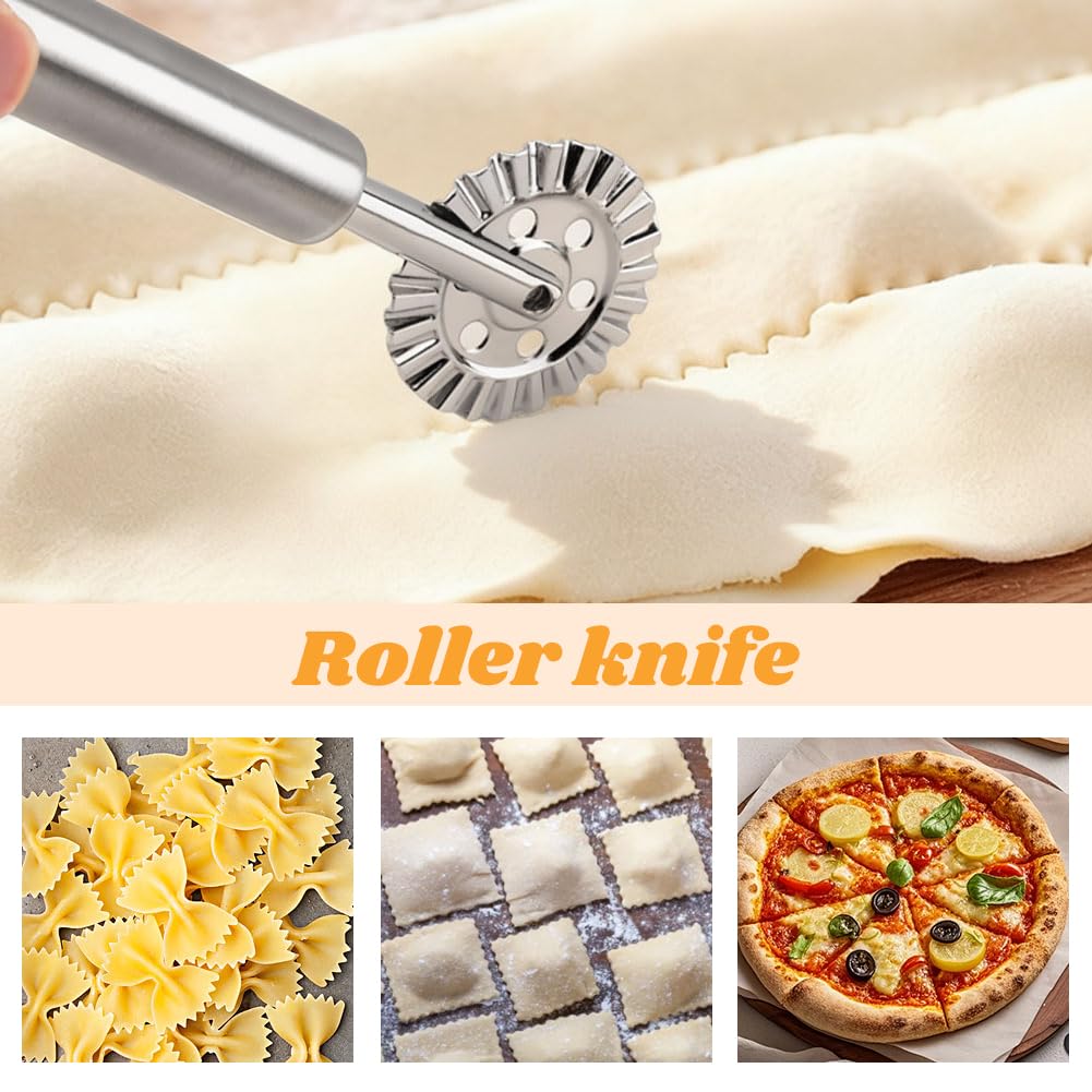 8PCS Ravioli Maker Press Set,Ravioli Stamp Maker Cutter with Wood Rolling Pin,Empanada Maker-Press,Ravioli Wheel and Stuffing Spoon,for Homemade Pasta,Dumpling,Pastry Kit(Yellow)