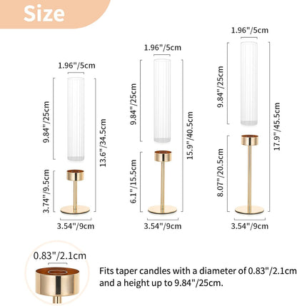 NUPTIO Tall Candlestick Holders - Elegant Hurricane Candle Holders with Ribbed Glass Sleeve | Set of 3 Gold Metal for Table & Fireplace Decor