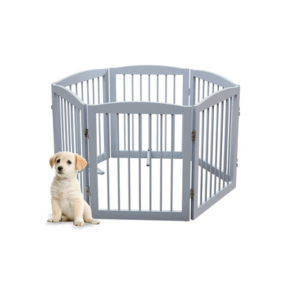 PUPETPO Freestanding Pet Gate for Dogs, Foldable Wooden Dog Gate for House, Extra Wide Indoor Pet Barrier for Stair, Doorway, Hall, Support Feet Included, 120 Inch Wide, 6 Panels 24", Grey