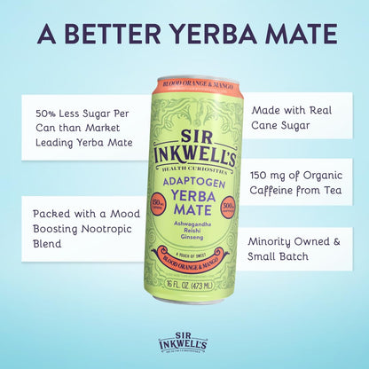 SIR INKWELL'S Adaptogen Yerba Mate | Healthful Energy + Productivity 150 mg Organic Caffeine | 300mg Ashwagandha Reishi Ginseng | Non-GMO Certified | Blood Orange & Mango 16oz 12pk