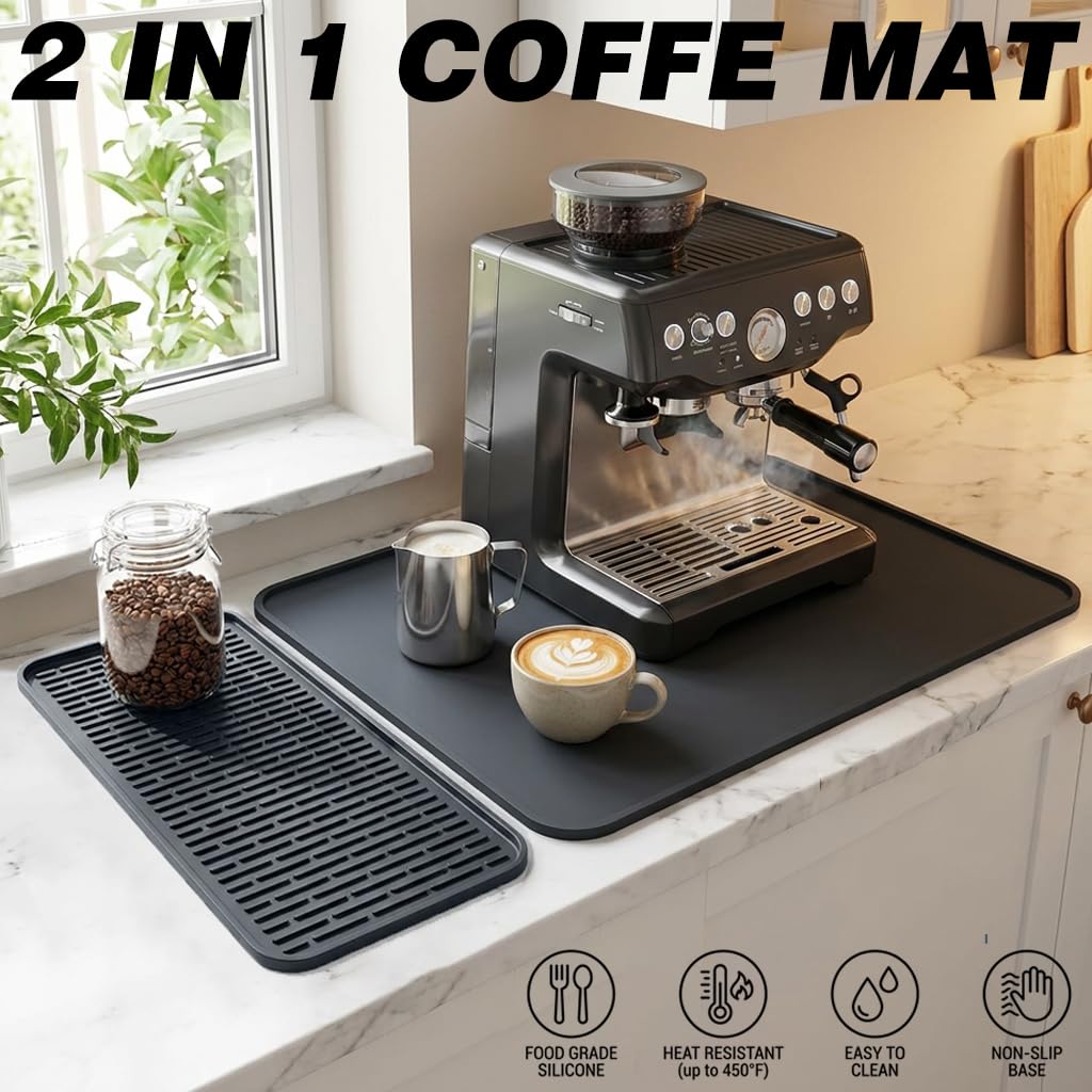 Caketime 2 In 1 Silicone Coffee Bar Mat Accessories for Ninja Coffee Maker with Detachable Dish Drying Rug Kitchen Counter Under Sink Drainer Appliances Dorm Room Decor 16"x24" Extra Large Black
