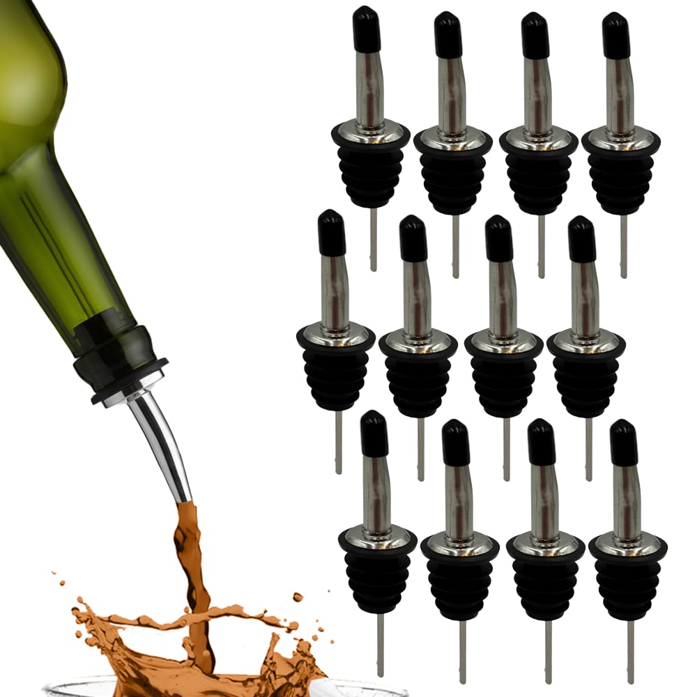 Liquor Pour Spouts with Dust Caps for Bottles, 12-Pack, Free Flow for Accurate Shots, Leakproof, No Drip Flow Control for Whiskey Vodka Tequila, Home & Bartender Use