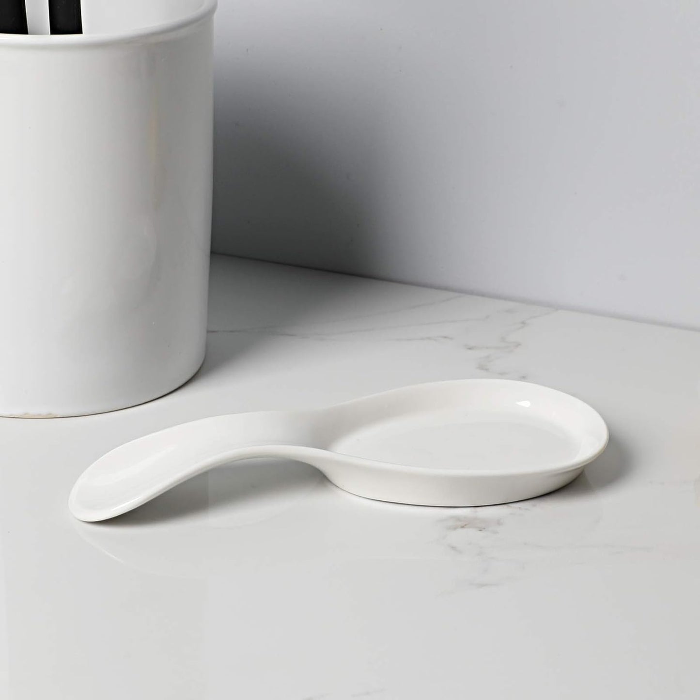 Large Porcelain Spoon Rest, Utensil Holder for Kitchen Counter, Dishwasher Safe (White)