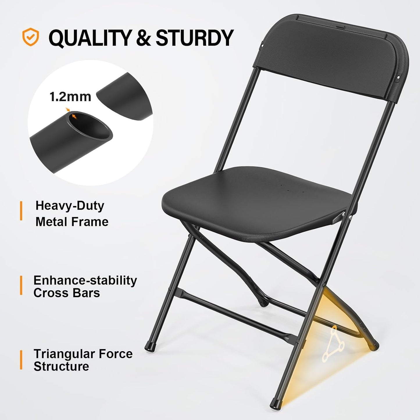1 Pack Commercial 350lb. VINGLI Black Plastic Folding Chair, Indoor Outdoor Portable Stackable Seat with Steel Frame