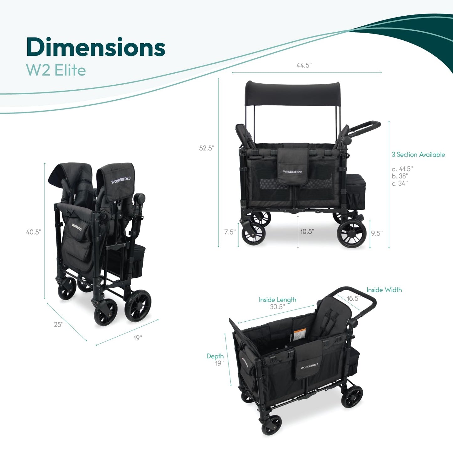 WonderFold W2 Elite Stroller Wagon - Foldable Wagon with Steel Frame - Adjustable Canopy & Push Handle - All-Terrain Wheels - for Babies, Toddlers & Kids - 2 Seater - Jet Black