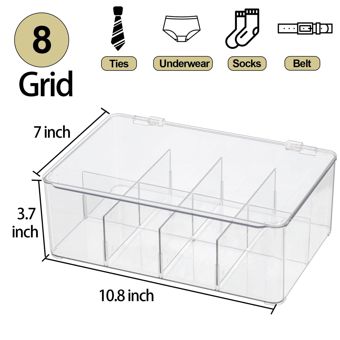 ZEXALOR Clear Tea Bag Organizer, Dresser Organizers Drawer Organzier Storage Container with Removable Dividers, Plastic Storage Bin with Lid, Organizer for Scarves Ties Bras