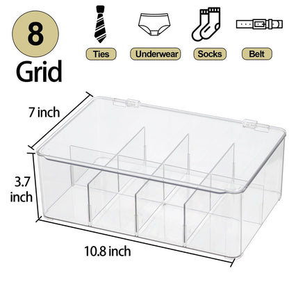 ZEXALOR Clear Tea Bag Organizer, Dresser Organizers Drawer Organzier Storage Container with Removable Dividers, Plastic Storage Bin with Lid, Organizer for Scarves Ties Bras