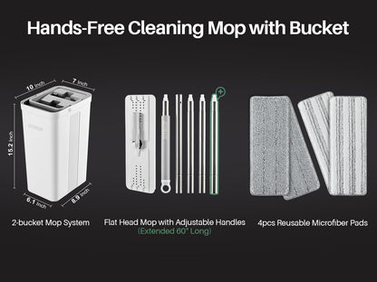 JOYMOOP Mop and Bucket Set, Flat Mops for Floor & Wall Cleaning, Commercial & Household Use, Hardwood Floor Mop with Long Handle & 4 Microfiber Pads