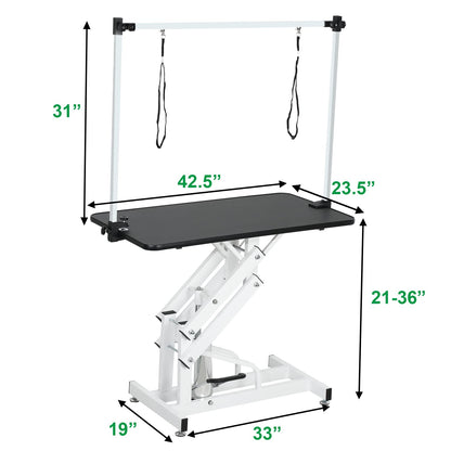 GDFStudio 42.5" Hydraulic Dog Grooming Table with Adjustable Arm & Noose, Heavy Duty Z-Lift Pet Grooming Table for Dogs at Home, Height Adjustable 21" to 36", 330LBS Capacity, White+Black