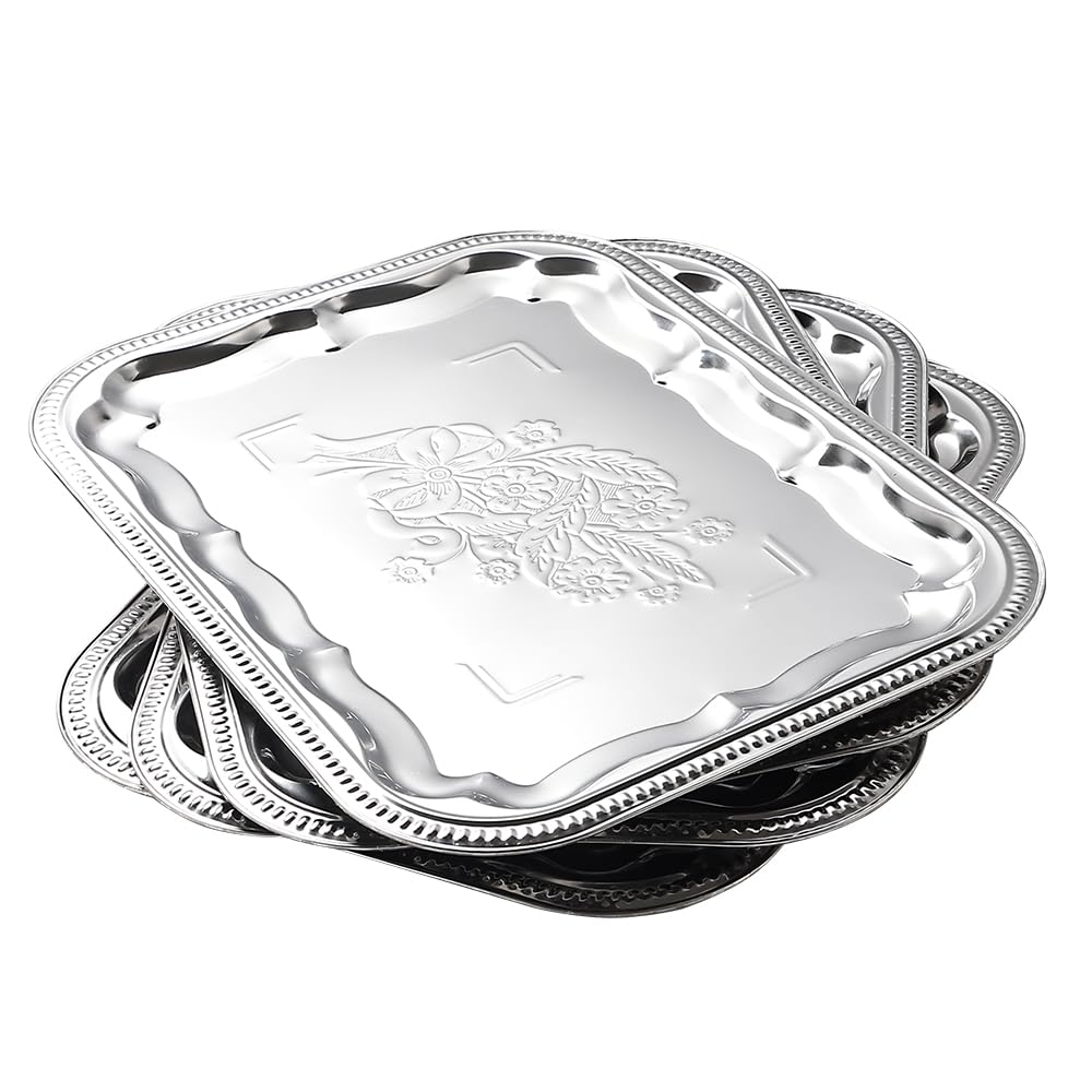 4-Pack 15.7" x 11.8" Silver Serving Trays for Party Set - Floral Engraved Serving Platters, Wedding Birthday Mirror Tray for Summer BBQ, Food, Appetizer, Charcuterie, Cookies, Desserts