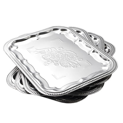 4-Pack 15.7" x 11.8" Silver Serving Trays for Party Set - Floral Engraved Serving Platters, Wedding Birthday Mirror Tray for Summer BBQ, Food, Appetizer, Charcuterie, Cookies, Desserts