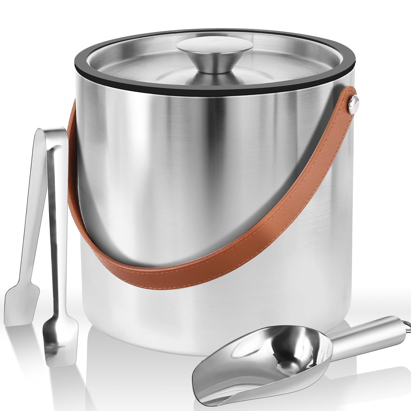 Bakpoco Double-Wall Vacuum Insulated Ice Bucket with Lid, Scoop, Ice Tong, Strainer & Leather Handle Keep Ice Frozen Longer Large Wine Ice Buckets for Cocktail Bar,Parties Chilling Beer Champagne 3L