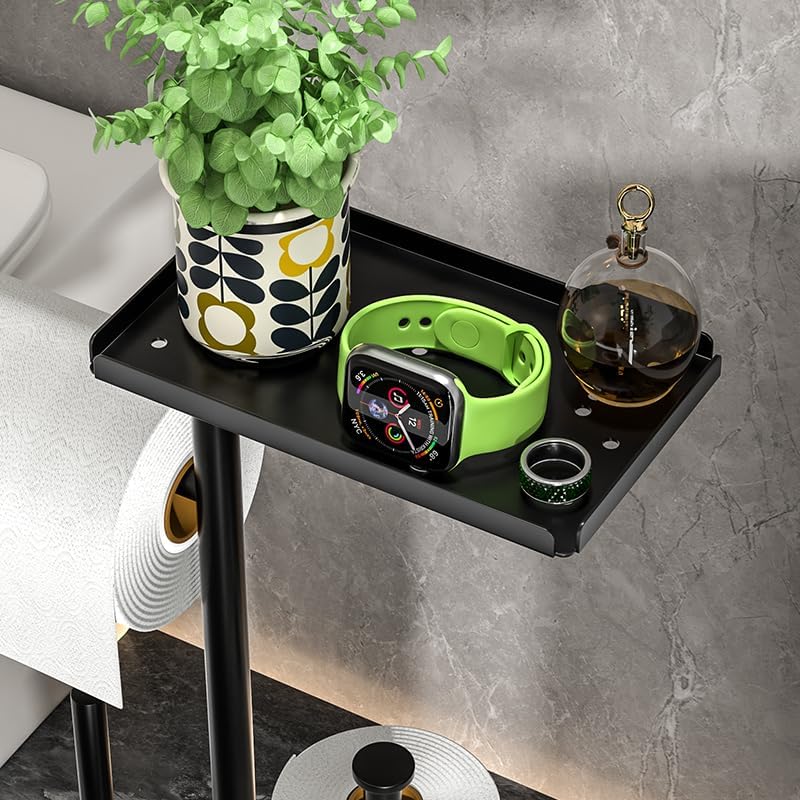 Skiennix Modern Bathroom Toilet Paper Stand - Stylish Black Metal Holder with Storage Shelf for 3 Mega Rolls | 24x12x60 Inches