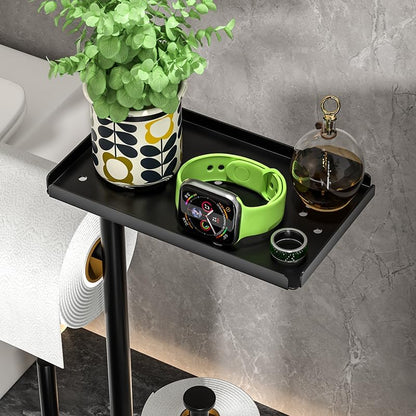 Skiennix Modern Bathroom Toilet Paper Stand - Stylish Black Metal Holder with Storage Shelf for 3 Mega Rolls | 24x12x60 Inches