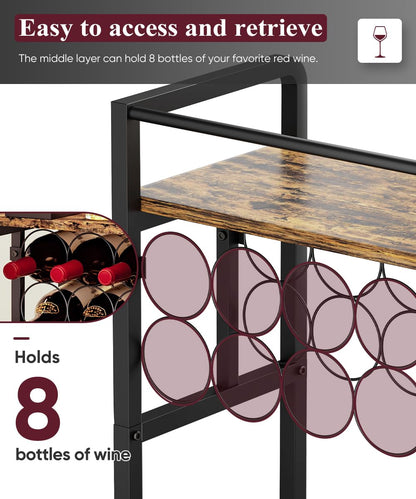 Ansionsol 3-Tier Wine Rack Freestanding Floor with Wood Top, Liquor Stand with Wine Bottle Holder, Corner Wine Bar Table for Small Space, Metal Whiskey Shlef for Kitchen, Cellar, Living Room, Black