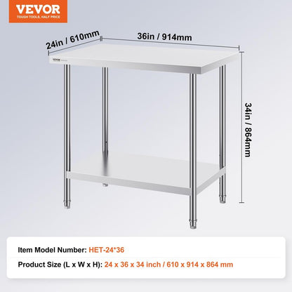 VEVOR Stainless Steel Prep Table, 24 x 36 x 34 Inch, 750 lbs Load Capacity, Heavy Duty Metal Worktable with 3 Adjustable Height Levels, Commercial Workstation for Kitchen Garage Restaurant Backyard