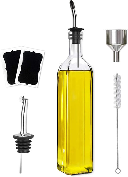 TFPOGOLD Olive Oil Dispenser Bottle - 500ml Glass Oil and Vinegar Bottles Set for Kitchen with 2 Stainless Steel Pourers, Funnel, Brush and 2 Labels, Kitchen Oil Bottles with Drip-Free Design