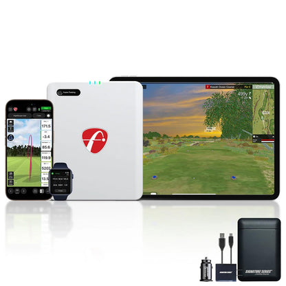 FlightScope Mevo Gen2 Portable Golf Launch Monitor and Simulator | 18 Swing Data Parameters, 8 E6 Simulation Courses, GPS Overview and Shot Tracer | Indoor and Outdoor, Signature Series Power Bundle