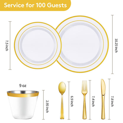 Goodluck 600 Pieces Gold Disposable Plates for 100 Guests, Plastic Plates for Party, Dinnerware Set of 100 Dinner and 100 Dessert Plates, 100 Spoons, 100 Forks, 100 Knives, 100 Cups