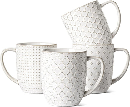 16 oz,Ceramic Set, 3.8 inch, Set 4, LE TAUCI Coffee Mugs Mug Embossment Cups for Latte, Hot Tea, Cappuccino, Mocha