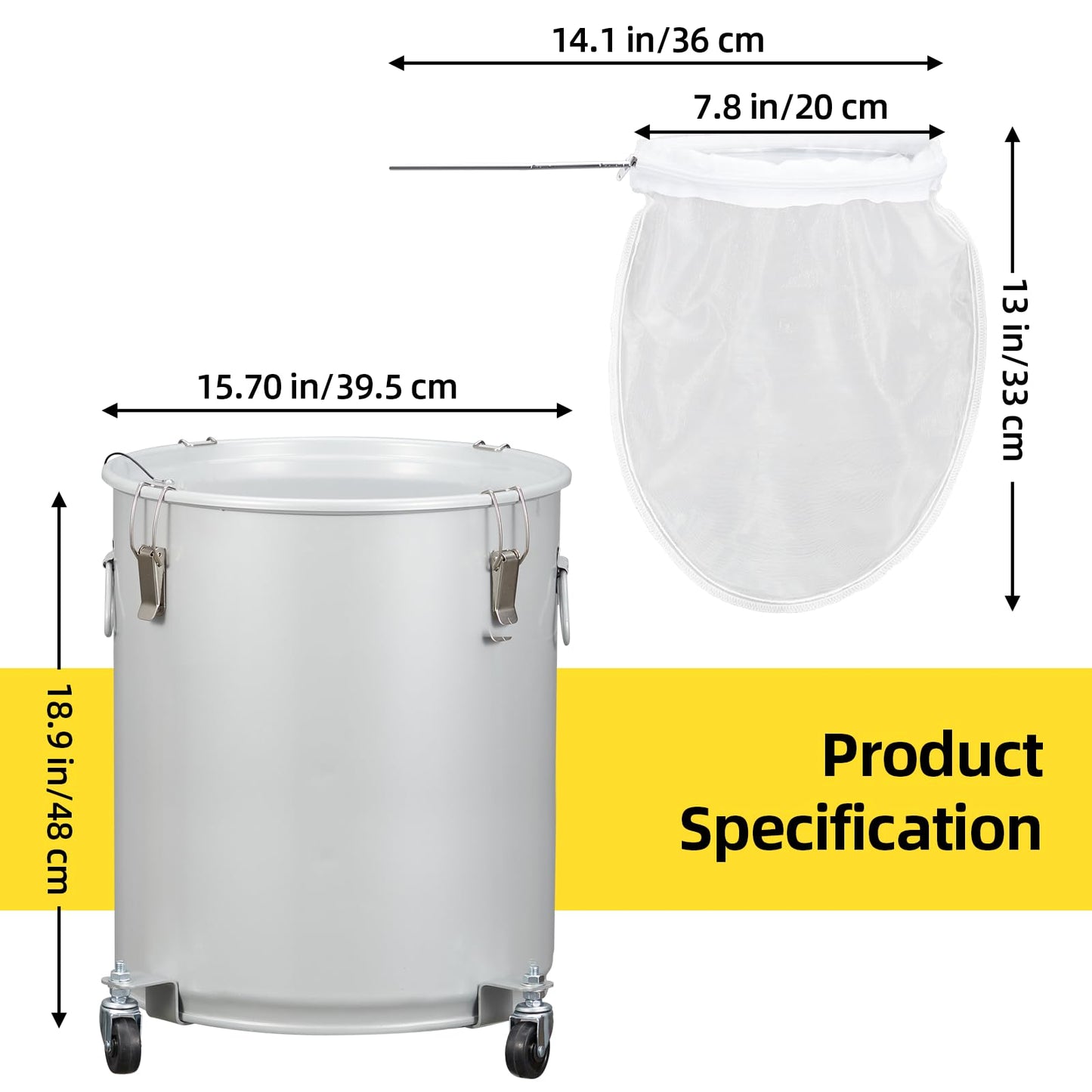 Fryer Grease Bucket 16 Gal, Coated Carbon Steel Oil Filter Pot with Caster Base, Oil Disposal Caddy, Transport Container with Lid Lock Clip Nylon Filter Bag, Silver