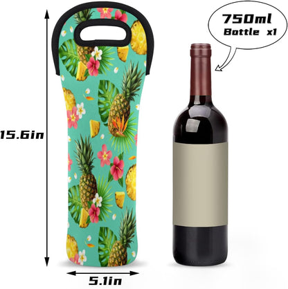 Tropical Pineapple Pattern Wine Bag - Neoprene Leakproof Travel Tote with Handle, Reusable Cooler for Parties