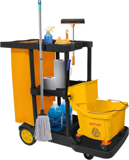 tonchean 3-Tier Janitorial Cart with 25 Gallon Vinyl Bag, Rolling Housekeeping Cleaning Cart, Large Capacity Utility Trolley for Business, School and Office