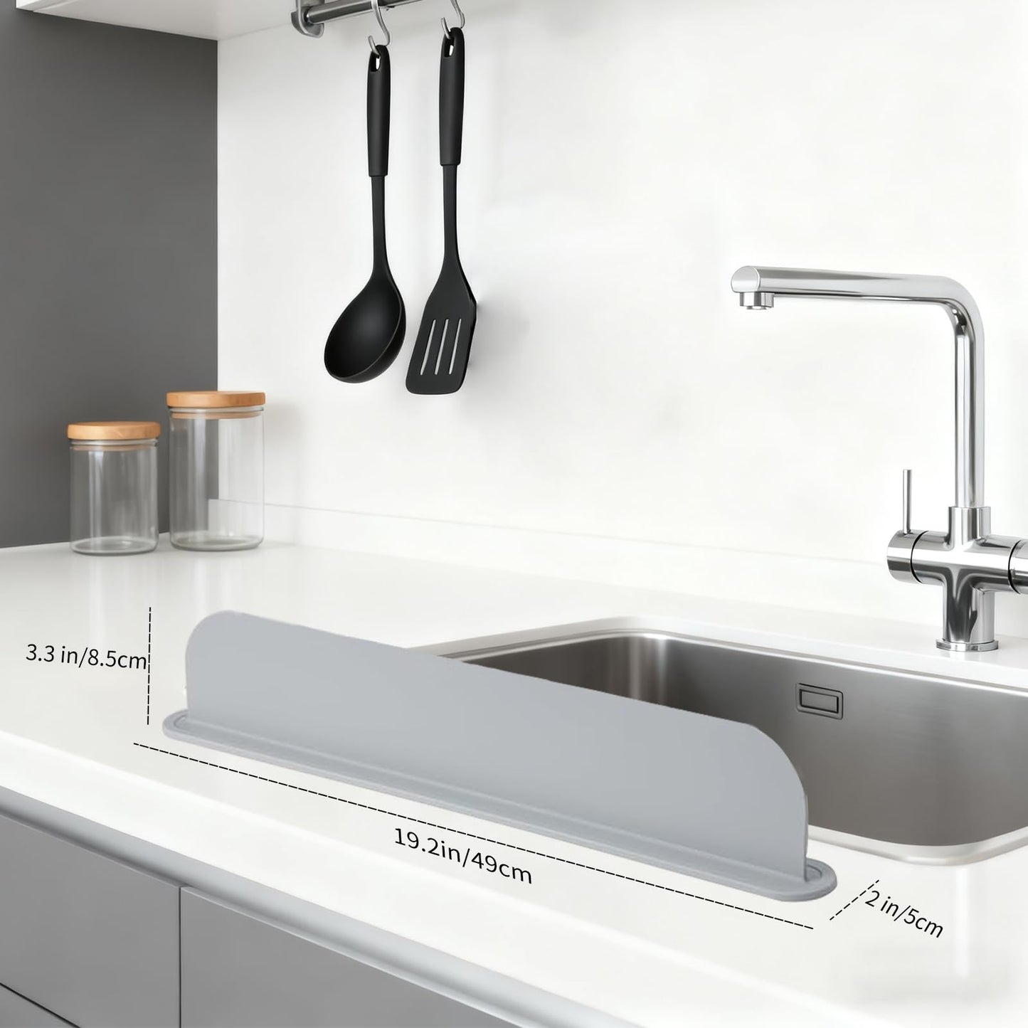 19.2inch(49cm) Silicone Sink Splash Guard, Sink Splash Guard with Suction Cup,Kitchen Sink Water Splash Guard, Kitchen Sink Splash Guard that Can Be Placed Behind (1, Gray)