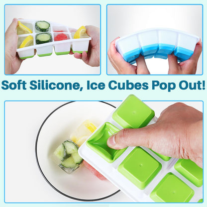 Large Ice Cube Tray with Lid and Bin, Jrisbo Silicone Big Square Ice Cube Molds for Freezer, 3 Pack Stackable Huge Cubed Ice Trays with Ice Tong, Ice Scoop for Whiskey Cocktails Soups Frozen Treats