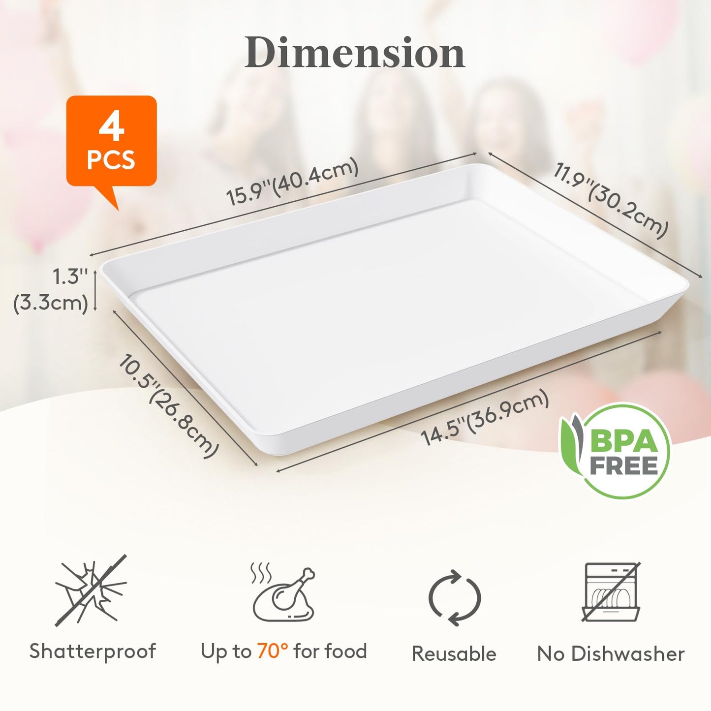 Lifewit Extra Large Plastic Serving Trays, 16" x 12" Reusable Food Serving Platters, White Catering Trays for Parties, Buffet, Snacks, Fruit, Appetizers & Charcuterie, BPA-Free, Set of 4