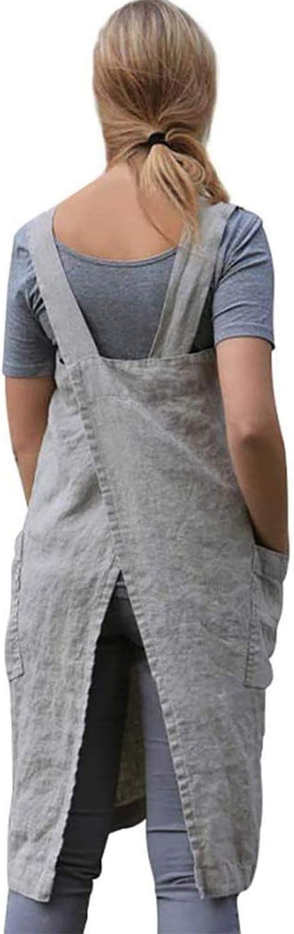 Women's Cross Back Pinafore Apron with Pockets, Cotton Linen Dress, Plus Size
