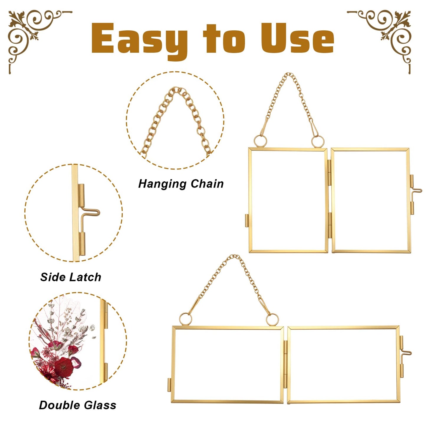 YUXIANLB 4 Pcs Double Glass Frame for Pressed Flowers, 2x3 Inch Picture Frame Mini Brass Wall Hanging Photo Frame with Chain for DIY Plant Specimen Wall Ornament Artwork Display Wall Decor (Gold)