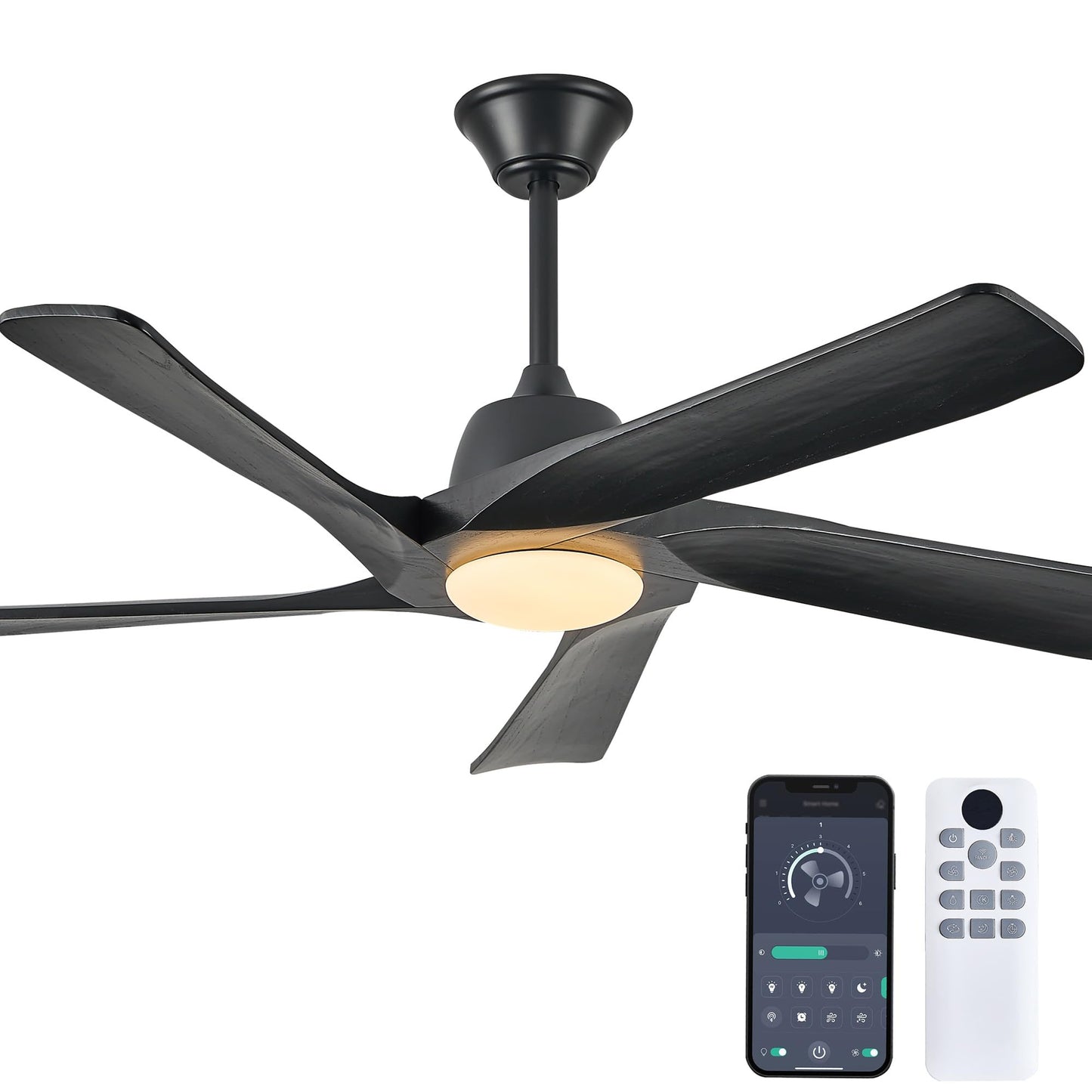 LVYEAYOU Ceiling Fan with Light, 52 Inch Solid Wood Ceiling Fans, Remote and APP Control, 3-color Dimmable, DC Motor, 6-speed Reversible, for Bedroom, Living Room, Black