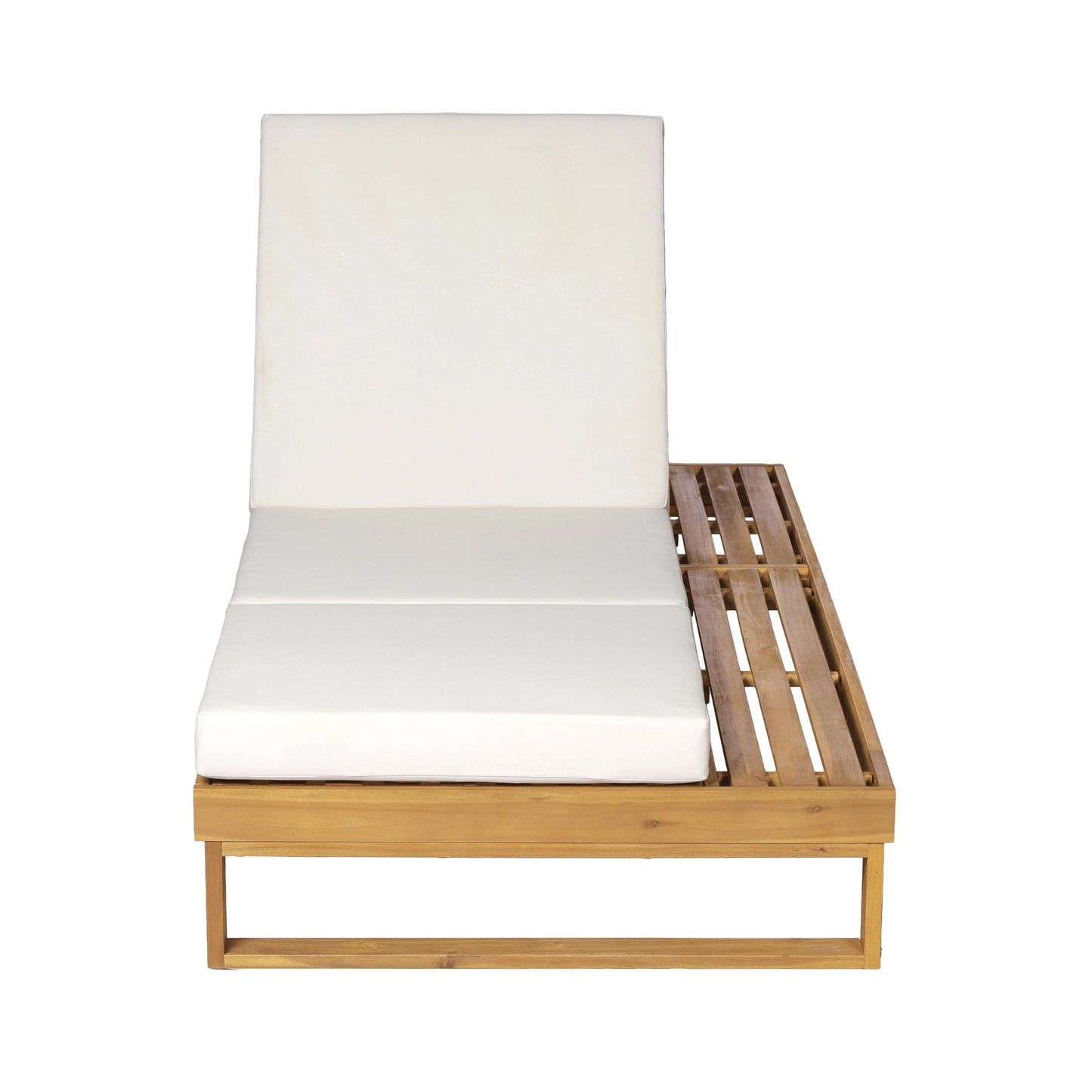 Merax Teak Finish Acacia Wood Chaise Lounge with 4-Inch Cream 3-Fold Water-Resistant Cushion Set, 4-Position Adjustable Outdoor Patio Lounger with Flat Side Surface, for Poolside