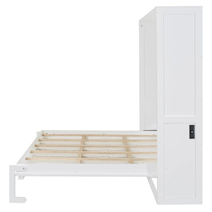 Ball & Cast Murphy Bed Queen Size Wall Chest with Charging Station and Slat Support,Wood Hideaway Cabinet Platform Bedframe w/Leg,can be Folded,Space-Saving,for Small Room,Dorms,White