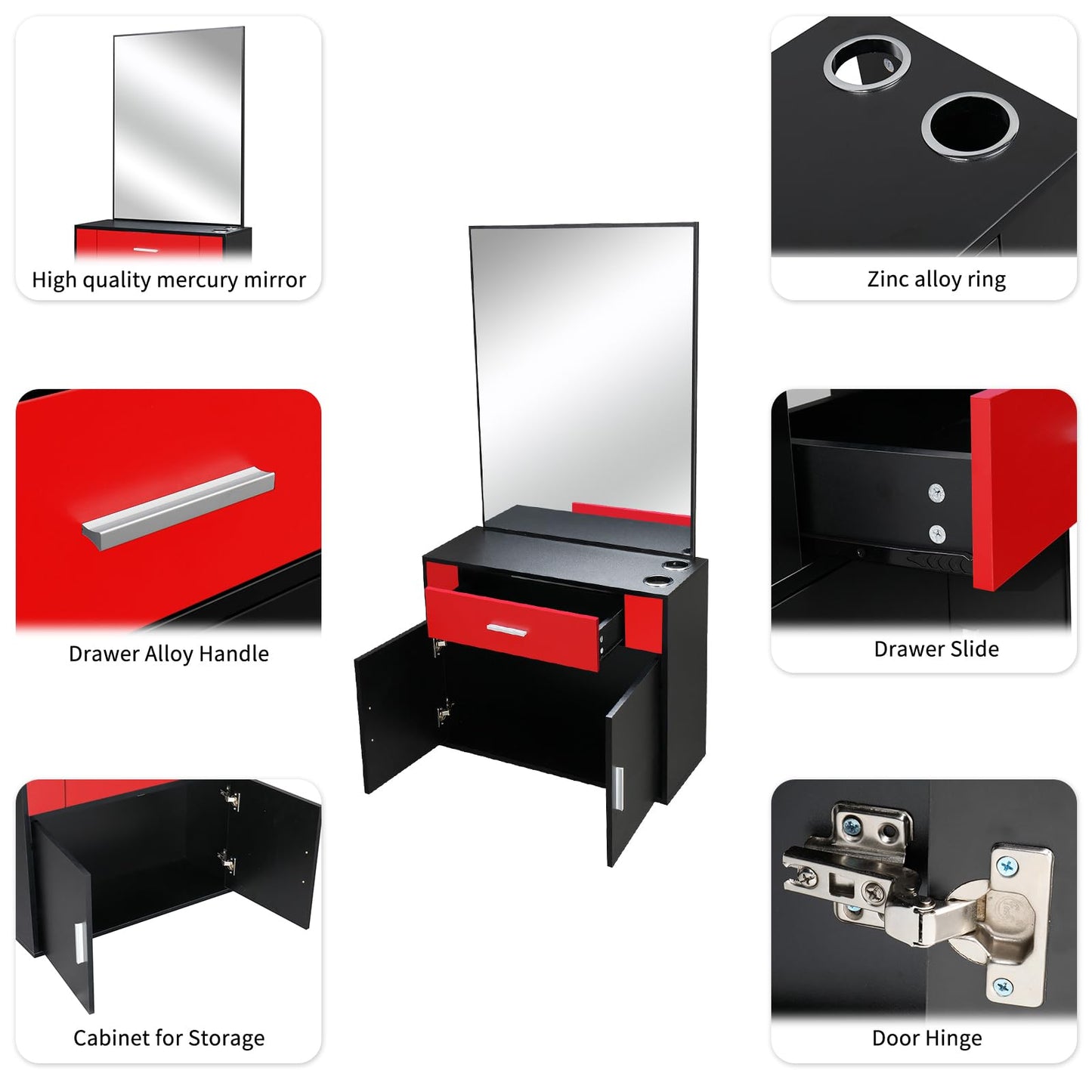 Red Salon Cabinet with Mirror, Professional Hair Styling Station for Home, Makeup Vanity Table Salon Furniture Barber Cabinet Storage Organizer Beauty Salons Equipment
