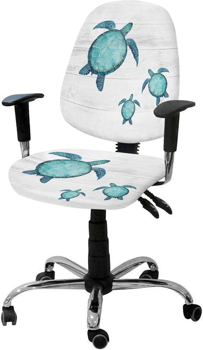 Sea Turtle Office Chair Covers, Stretchable 2 Piece Soft Decorative Computer Desk Chair Protector, Turquoise Tortoise