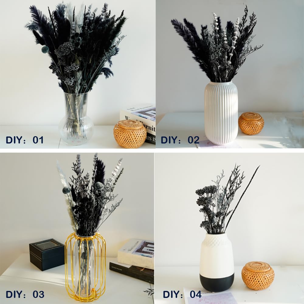 Natural Dried Pampas Grass Bouquet, 17" Black and Dark Grey Dried Flower Bouquet, Mixed with Thistle, Bohemian Style Home Dried Flower Decoration, DIY Assembly