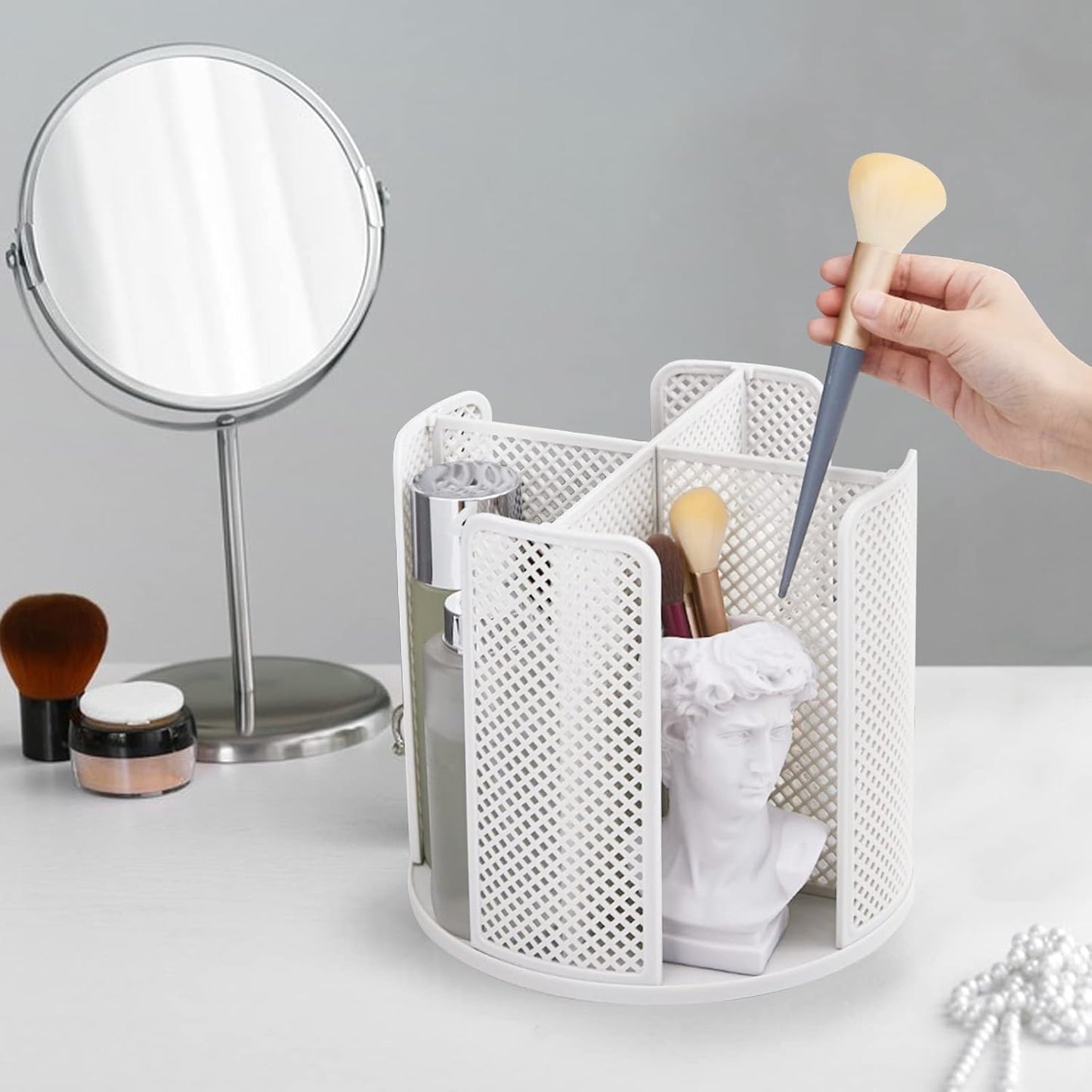Rotating Cup and Lid Organizer, 4 Compartment Dispenser for Bathroom, Coffee Station, Kitchen Cabinet