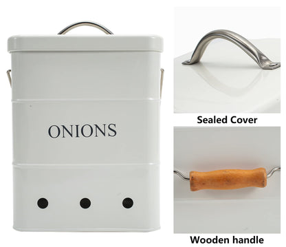 Gdfjiy Onion Storage Bin, Kitchen Storage Canister,Kitchen Pantry Organizer Tin With Airtight Lid & Handles, Vegetable Fresh Keeper with Aerating Tin Storage Holes (White)