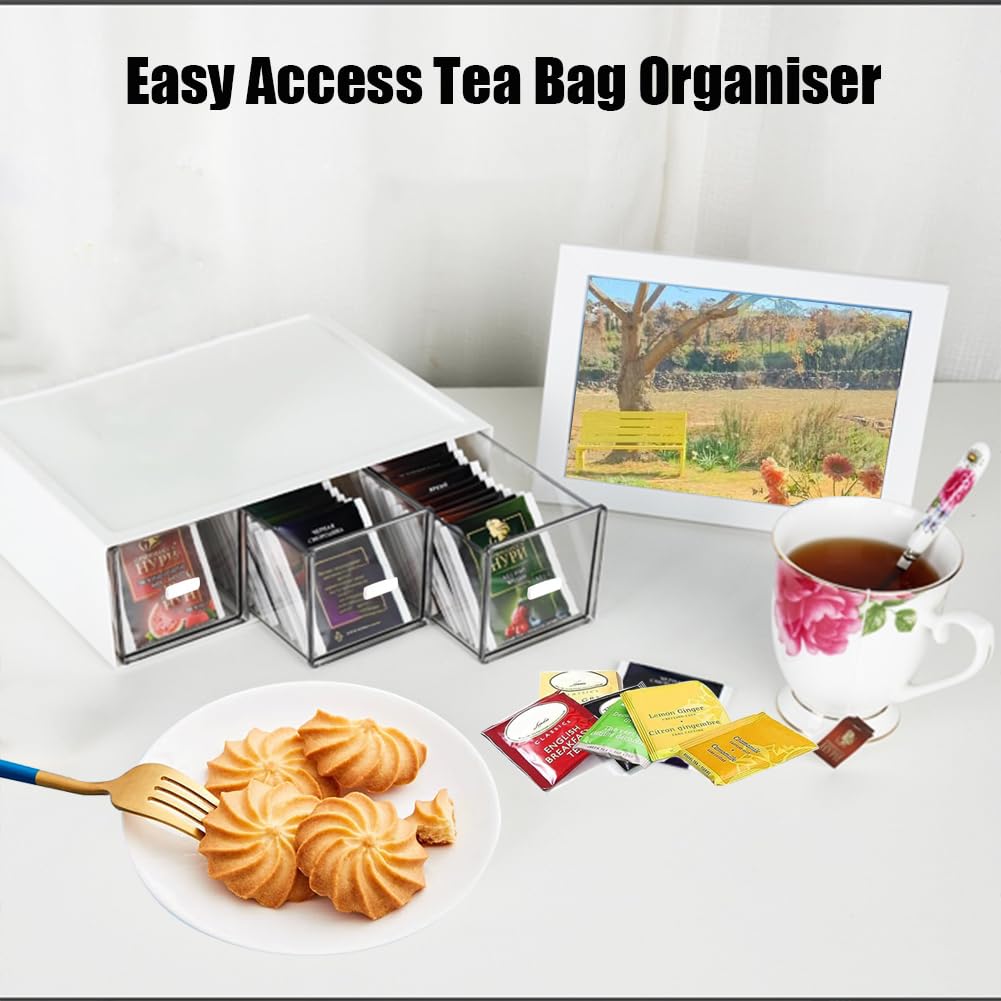 Plastic Tea Bag Organizer with 3 Drawers, Desk Drawer Organizer, Stackable Storage Drawers, White Tea Box, Makeup Organizer, Clear Tea Bag Storage, Coffee Storage for Tea Bags, Sugar Packets, Cosmetic